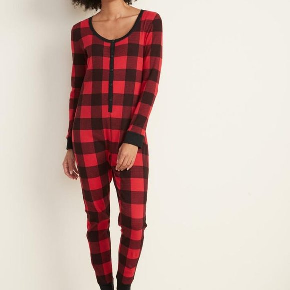 Old Navy Thermal Red Buffalo Plaid Onesie PJ Pajamas SIZE S NWT - Picture 2 of 4